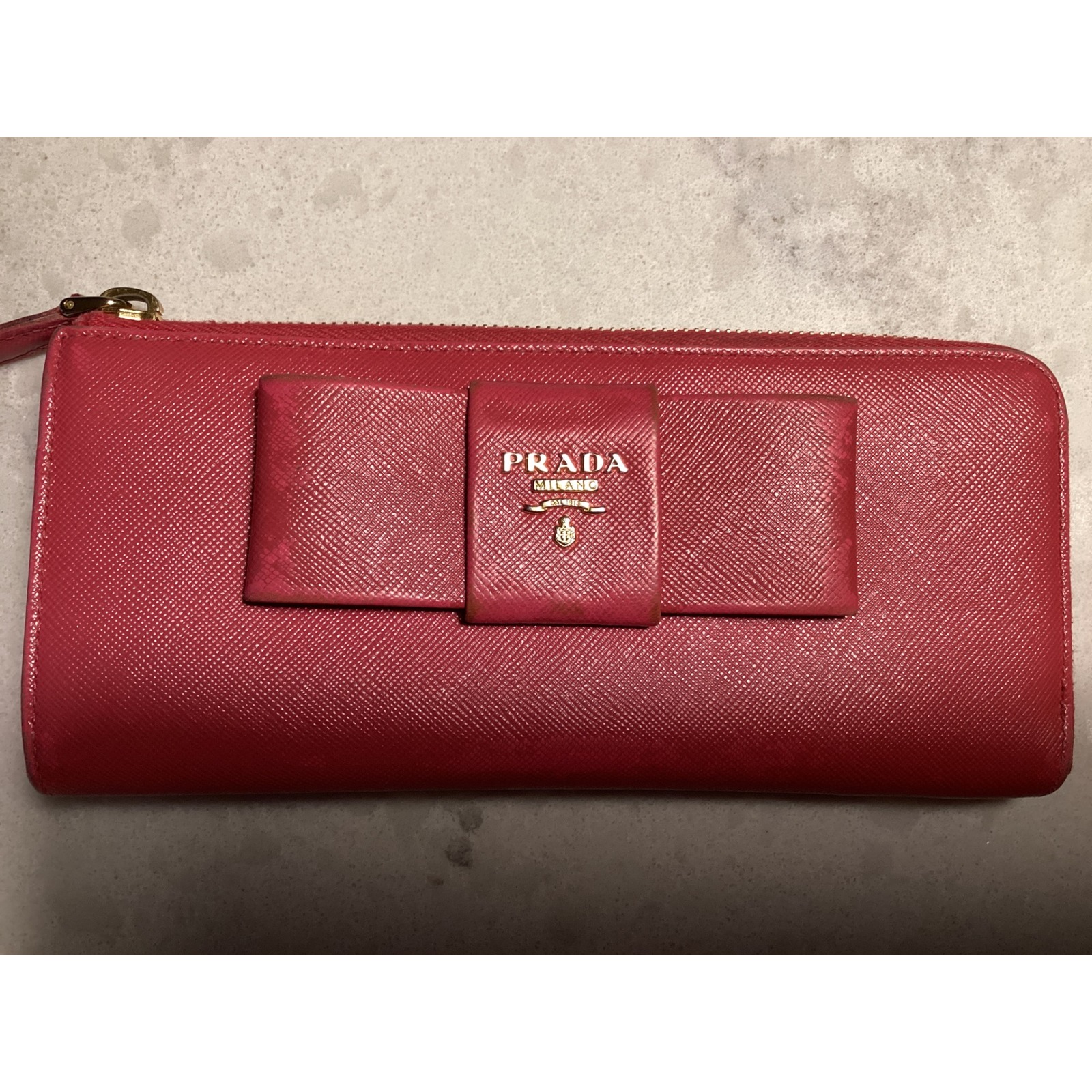 Prada Saffiano Leather Zip Around Wallet Bow Accent Designer